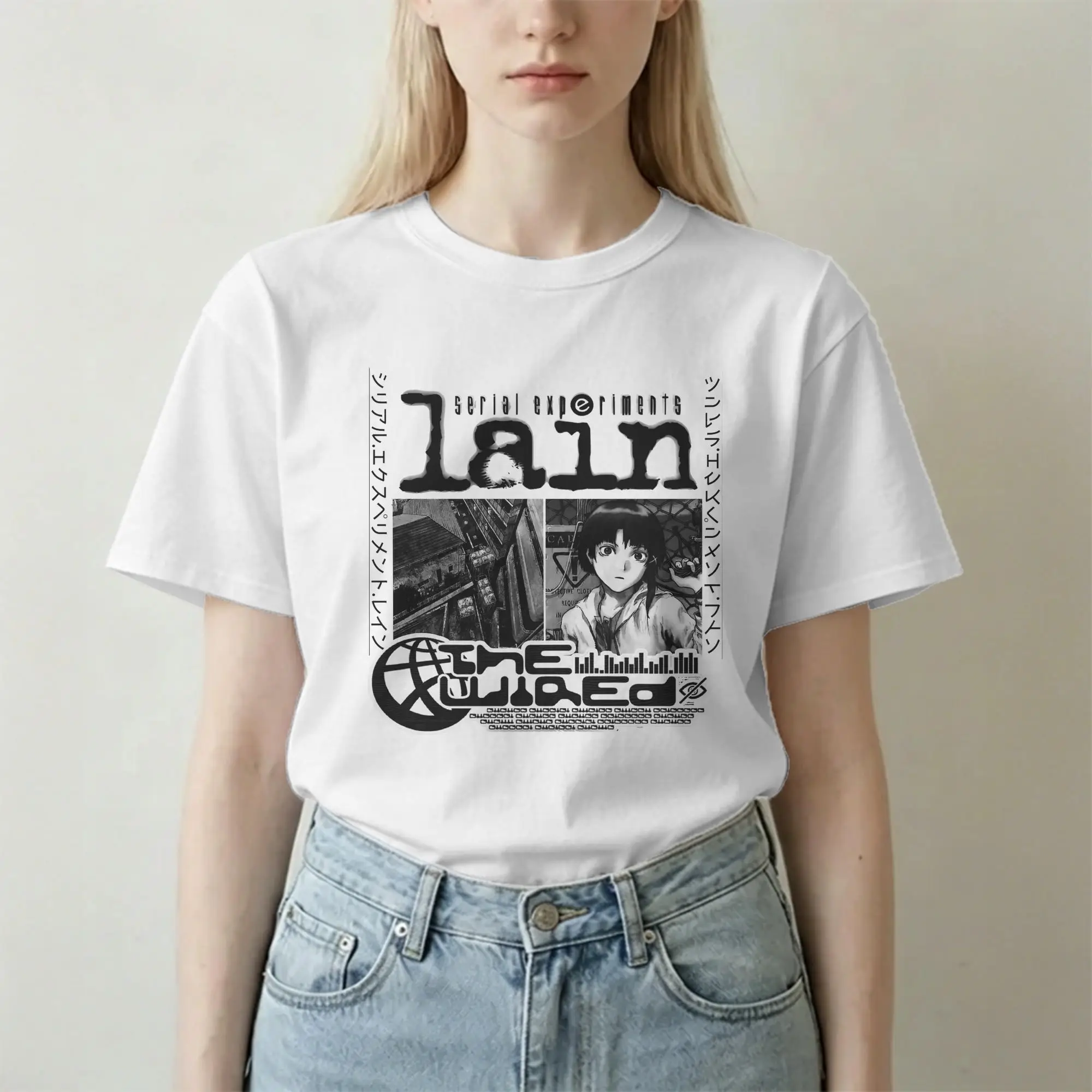 Serial Experiments Lain Virtual Girl T Shirt Men Women Pure Cotton Unique T-Shirts Crew Neck  Tees Short Sleeve Tops Plus Size