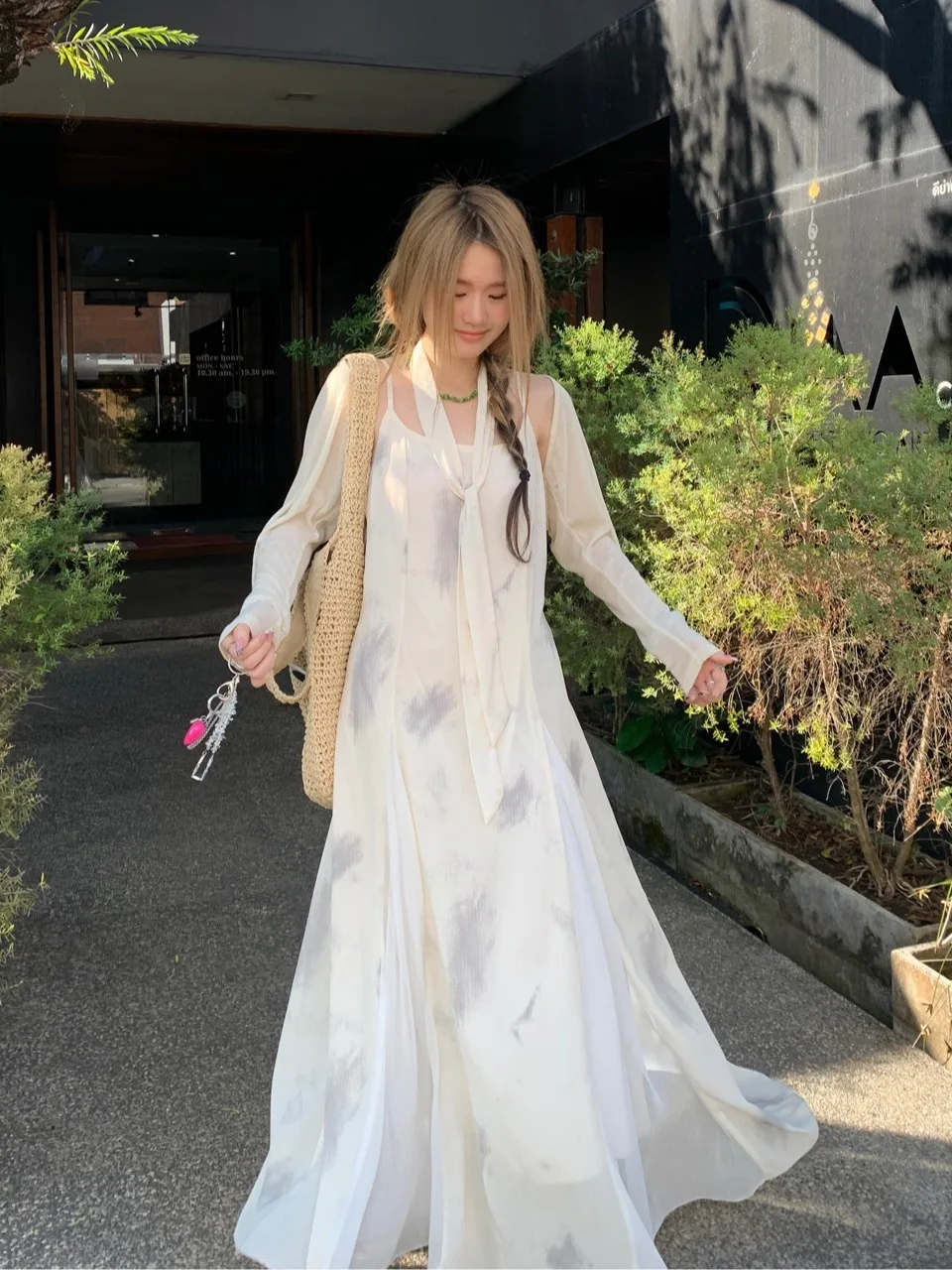 

plus Size Retro Print Dress Thin Sun Protection Shoulder Strap Slimming Watercolor National Style Long Dress Commute Style A-...