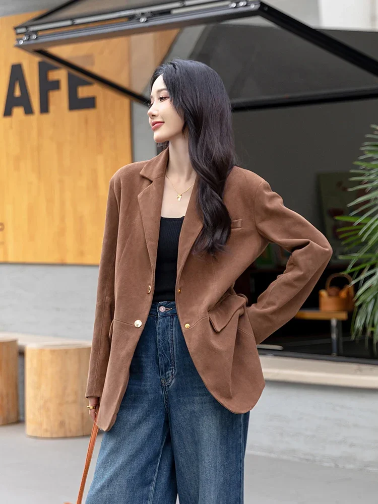 

Retro Casual Genuine Leather Suede Jackets for Women Spring Autumn 2026 New High-end Simple Classic Real Sheepskin Blazer Coat