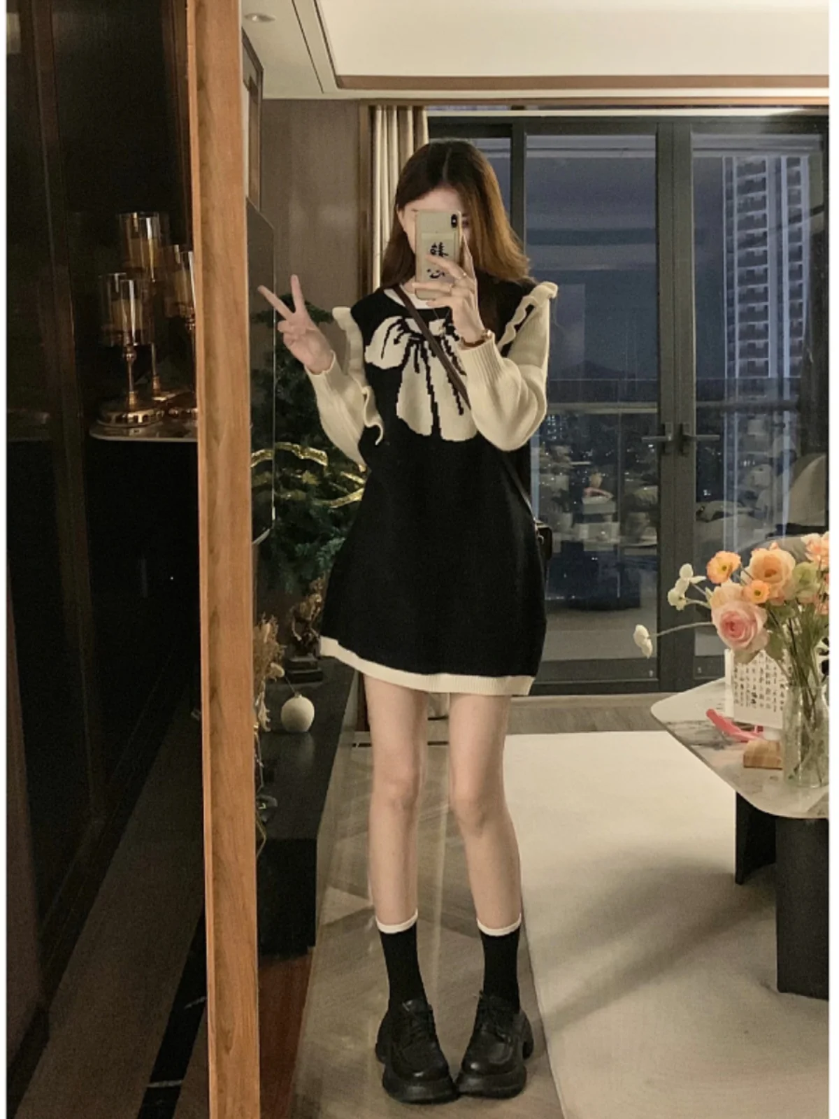 Plus Size Plus size women clothing Autumn New  Bow Versatile College Idle Sle Age Reduction Knit sweater Full Body Dress