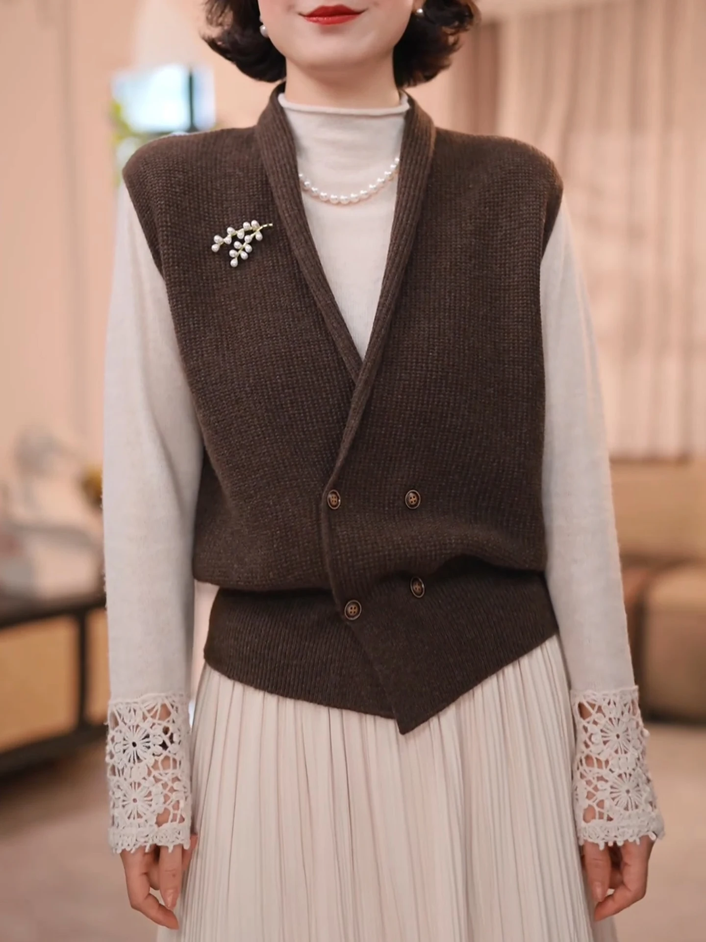 f-Cuello alto Base lavorata a maglia in puro colore irt Stratificazione Casual Versatile Dimagrante Autunno Inverno Gilet retrò per donna