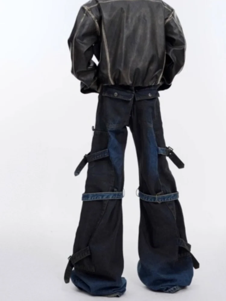 2026 Dark Y2K Streetwear Jeans mit Riemen-Design, Blaue Baggy Flare Jeans für Herren, Hip-Hop Punk Gothic Denim-Hosen, Vaqueros – Detail 14