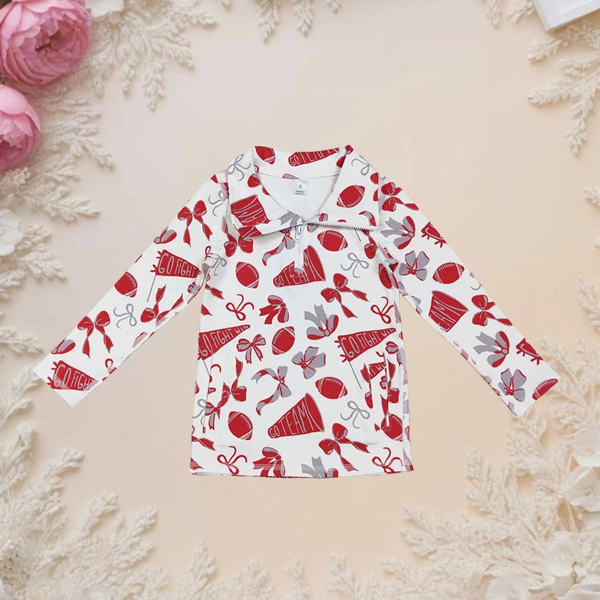 

Рубашка на молнии для йоги с длинными рукавами для маленьких девочек, красные банты, футбольный пуловер, футболка, одежда для малышей, весенне-осенняя цельная одежда, оптовая продажа