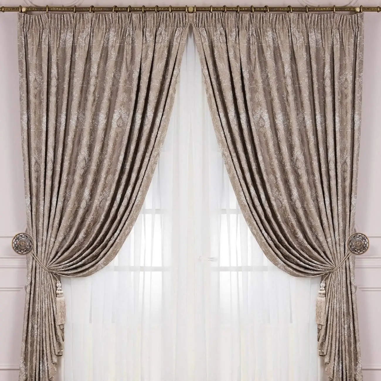 Lewondr Curtain Holdbacks Set of 2 Wall Mounted Draperies Hooks Antique Engraved Floral Plate Vintage Retro Decorative Hangers
