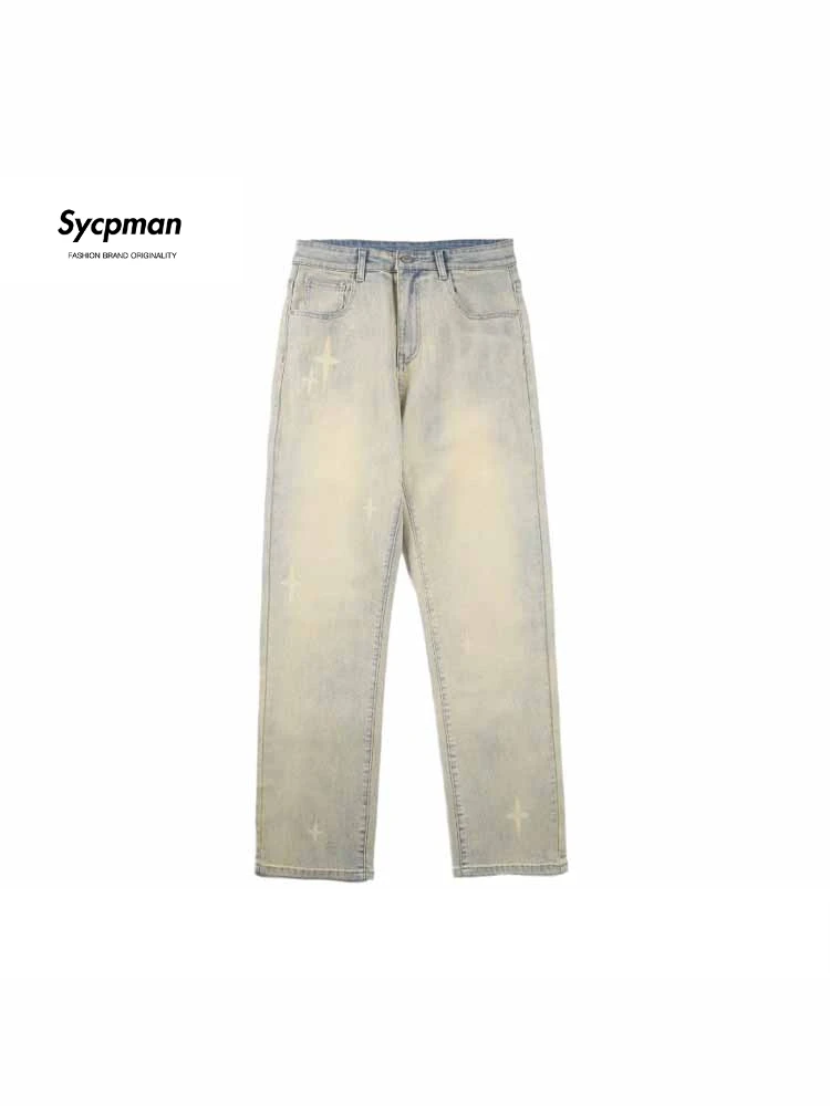 

Sycpman American Style Star Print Straight Jeans for Men Autumn and Winter Stretch Yellow Mud Casual Pants Streetwear Clothing