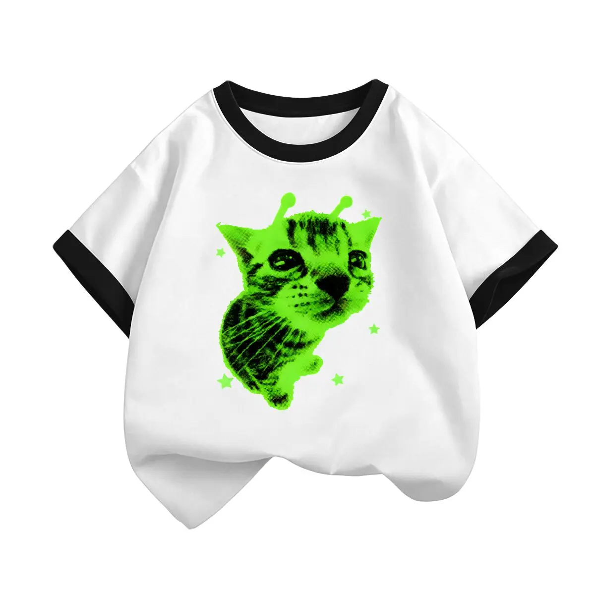 Y2K Alien Cat T-shirts Kids Meme Retro Silly Cat Tshirt Vintage Kitty Funny T-Shirt Girls Boys Graphic Tees Streetwear Clothes