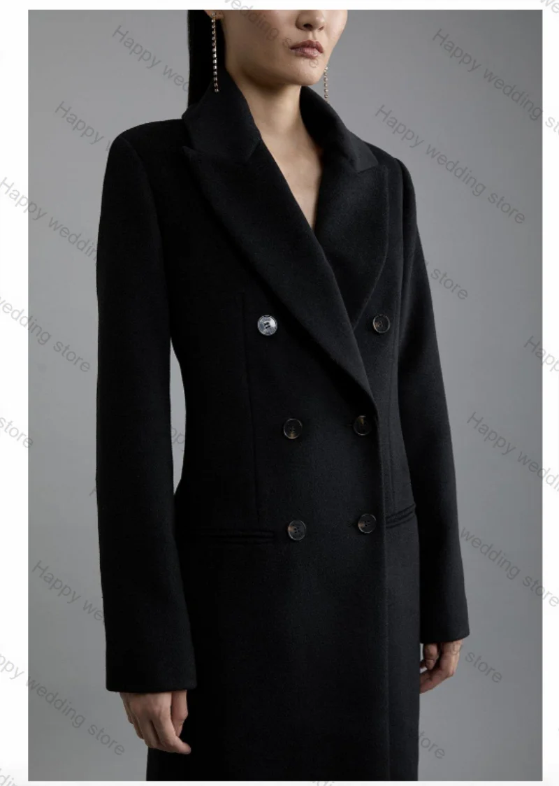 Black Cashmere Wool Formal Women Suit 1 Piece Overcoat Skirt Double Breasted Business Office Lady Coat Jacket Customized Outfit