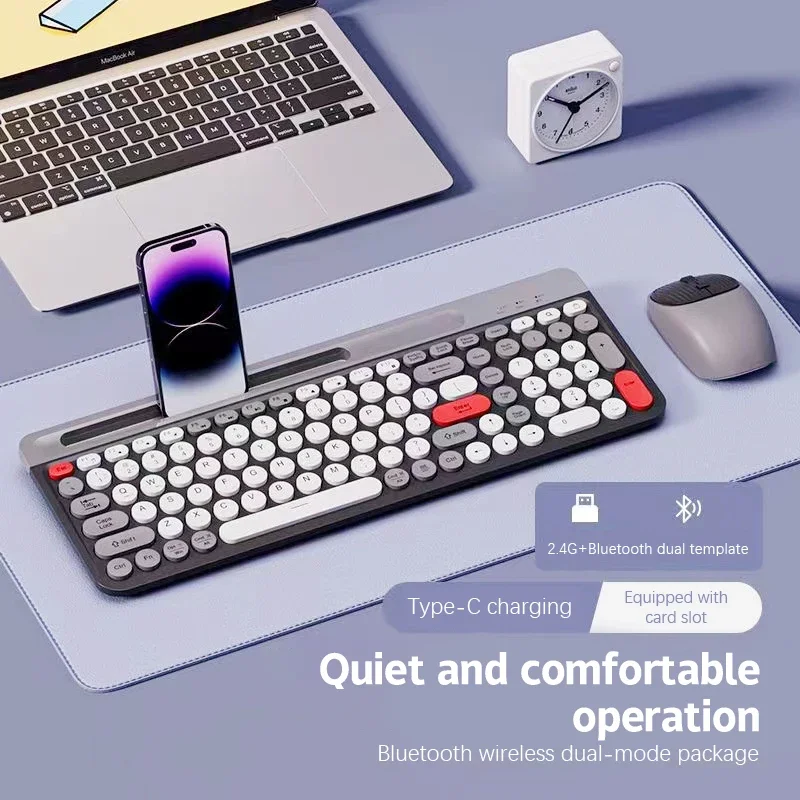 104 Key Wireless Keyboard Mouse Set With Phone Holder 2.4G+Bluetooth-Compatible Dual Mode Phone Tablet Desktop Laptop Controller