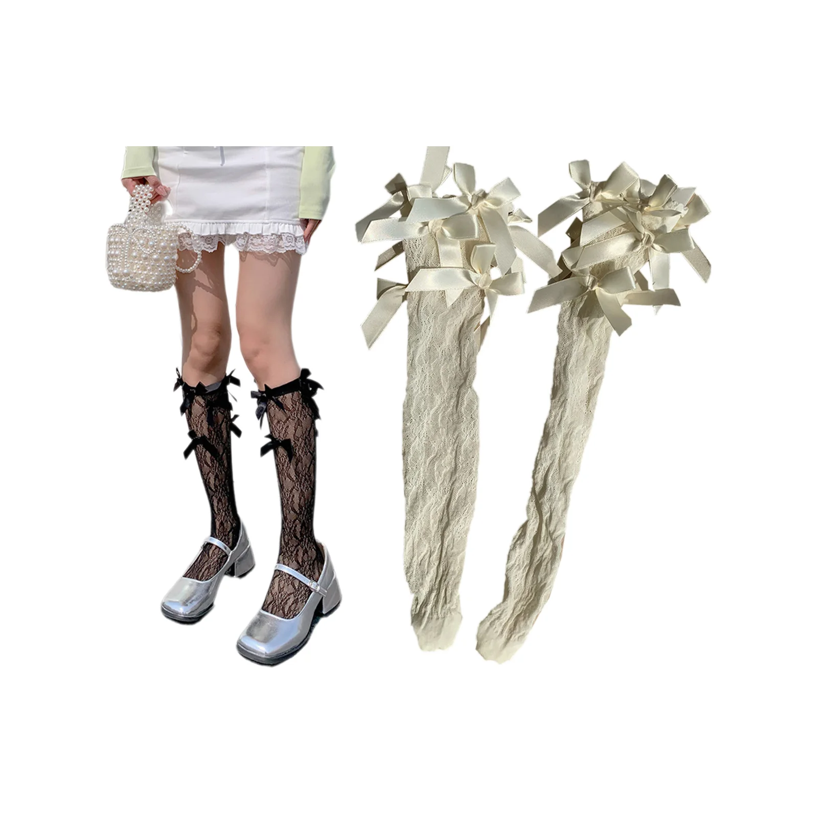 

Носки до середины икры из ультратонкой сетчатой жаккардовой ткани, черные + молочно-белые, по 1 паре каждого цвета.