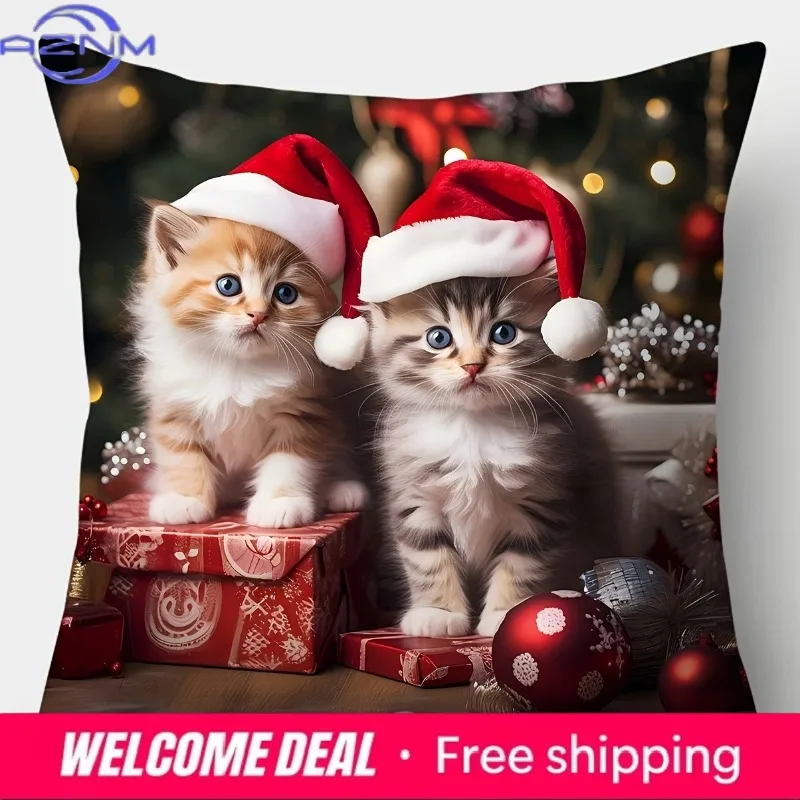 Christmas Santa Hat Kittens Pillow Cover, Festive Home Decor Pillowcase one-side printed 1PC