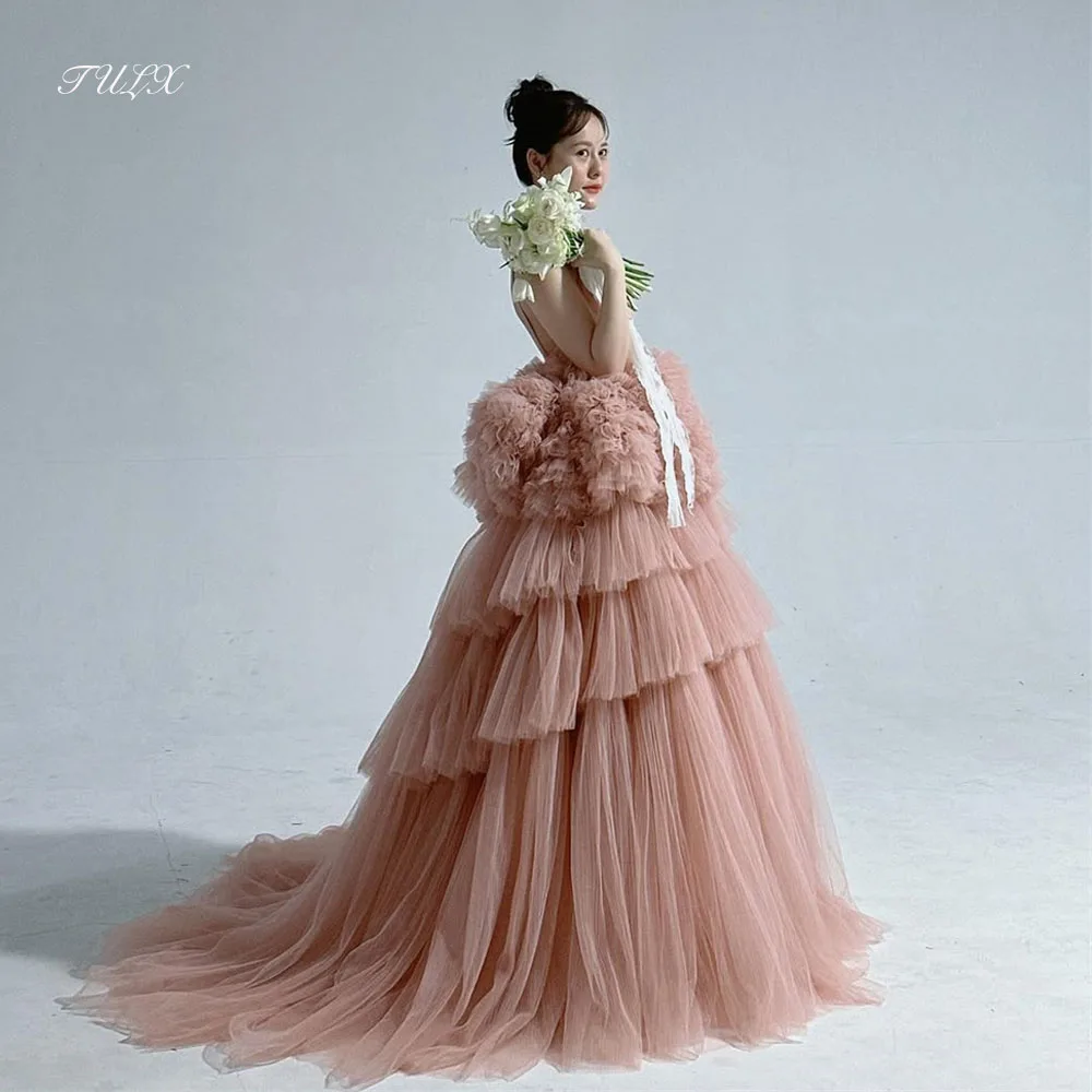 TULX Fairy Tulle Evening Dress Korea Wedding Photo Shoot V Neck Strap A line Long Tiered Bridal Party Dress Corset Customized