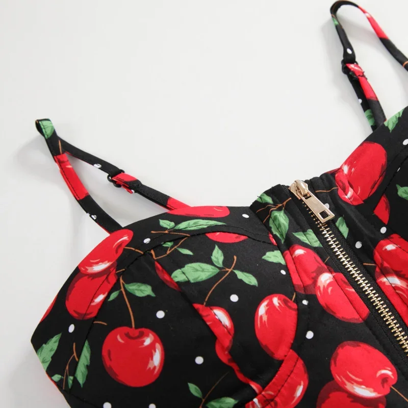 New Sexy Slim Cherry Print Spaghetti Straps Summer Camis Fresh Fashion Basic Sweet Draped White Camisole Tops for Women