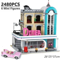 2488Pcs Downtown Diner Building Blocks with 6 Mini Figures Compatible 10260 15037 Model Bricks for Kids Adult Toys Gifts