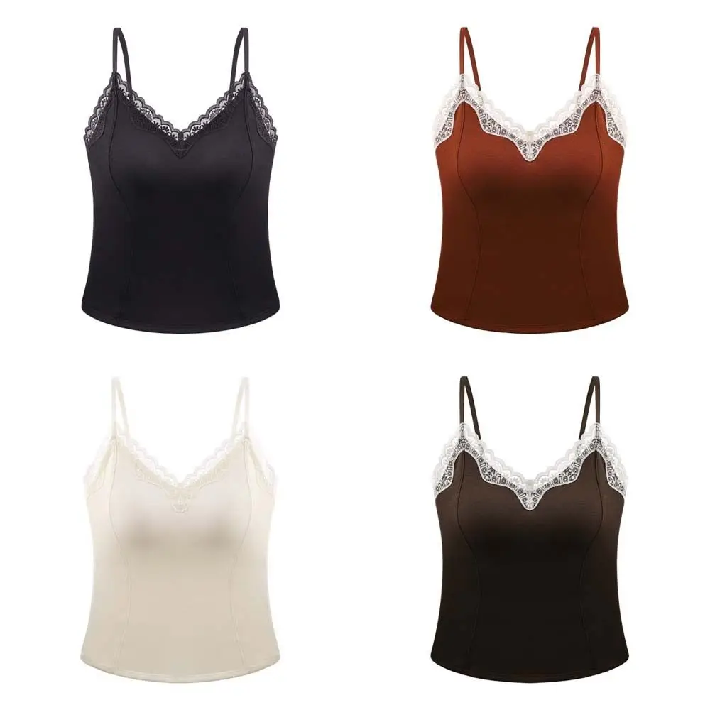Top corto de encaje ajustado para mujer, camisa de fondo, camisola de encaje dulce con almohadillas, cuello en V, estilo picante para niña, Top tipo chaleco para mujer