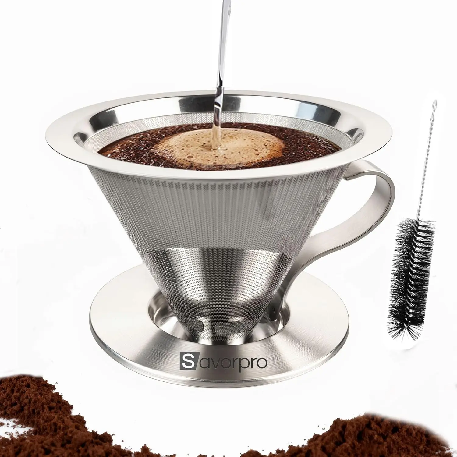 

Pour Over Coffee Dripper,Double Mesh Stainless Steel Filter,Paperless Strainer Reusable Cone Coffee Filter With Handle,