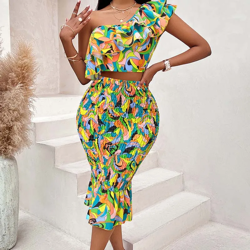 Summer Bohemian Women Vintage PrintTwo Piece Set Elegant Ruffled Sleeve Short Tops + Pleated Midi Skirt 2Pcs Suit Female Ne