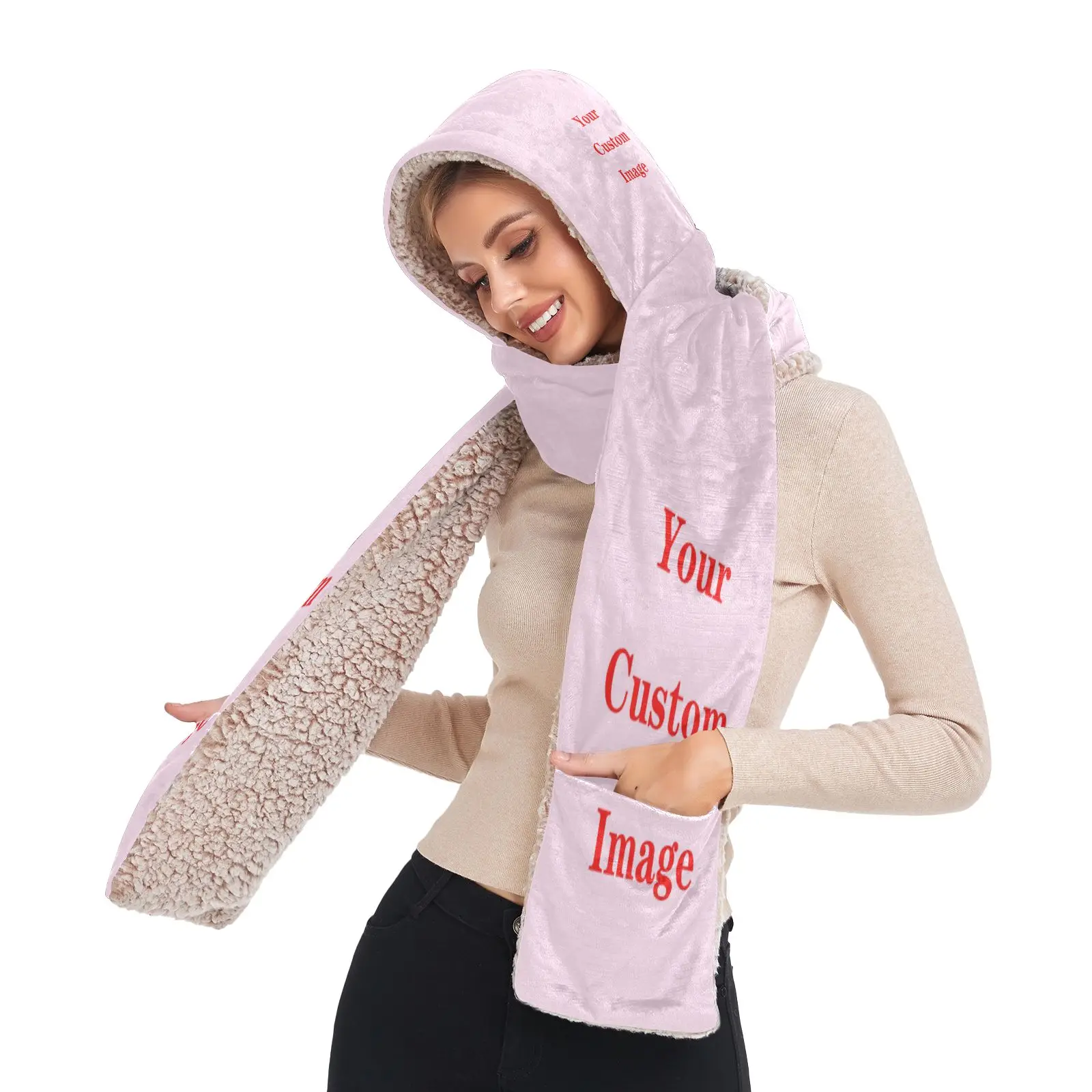 Écharpe longue en peluche pour femme, image personnalisée, chapeau d'oreille, sweat à capuche siamois, gants chauds, enveloppes de châle, chapeau de poche, hiver, nouveau, 2022