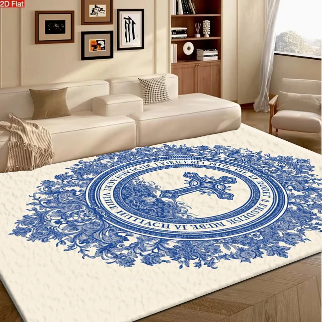 Vintage Blue Cross Floral Ornament Art Carpet Flooring Household Interior Decor Rug