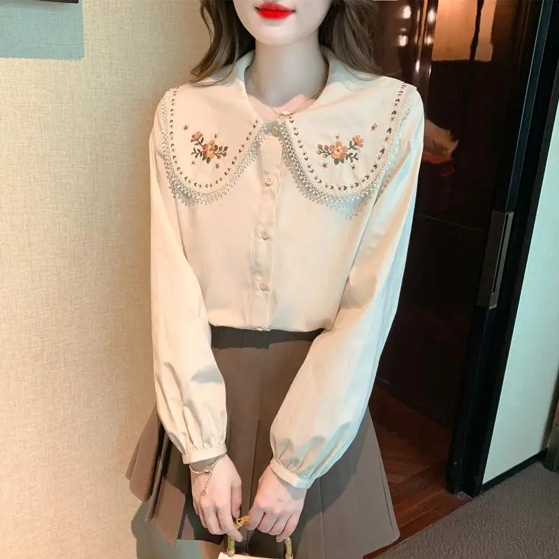 Shirts Women Peter Pan Collar Loose Long Sleeve Casual Tops Sweet Sweet Elegant All-match Fashion Embroidery Design New 2024