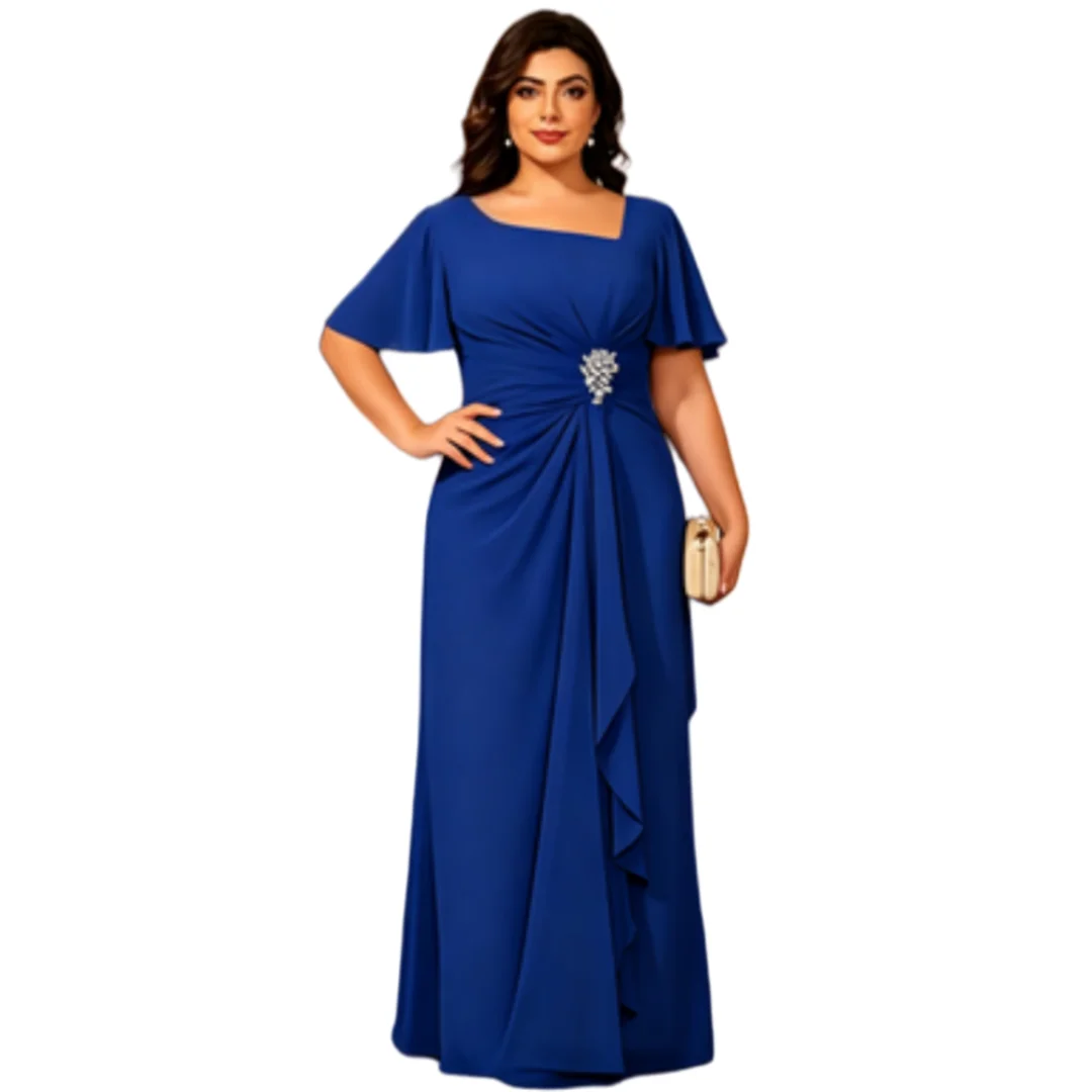 Vestido de Gasa para Madrina de Talla Grande para Mujer, Traje Formal de Fiesta con Cintura Adornada con Cuentas, Mangas Acampanadas y Largo hasta el Suelo para Boda