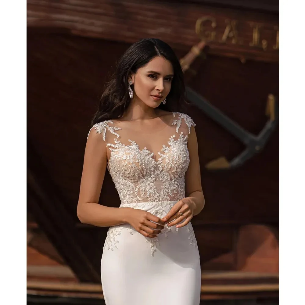 Simple Wedding Dresses Bridal Long A Line Backless Elegant Deep V-neck Sleeveless Lace Mopping Beach Bride Gown Sweep Train 2023