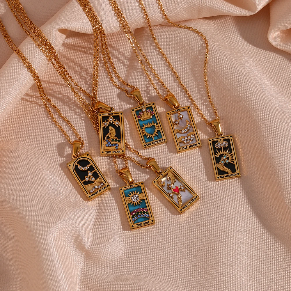 New Original Zirconia Tarot Card Necklace Classic Tarot Queen Lover Magician Moon Wealth Amulet Stainless Steel Jewelry