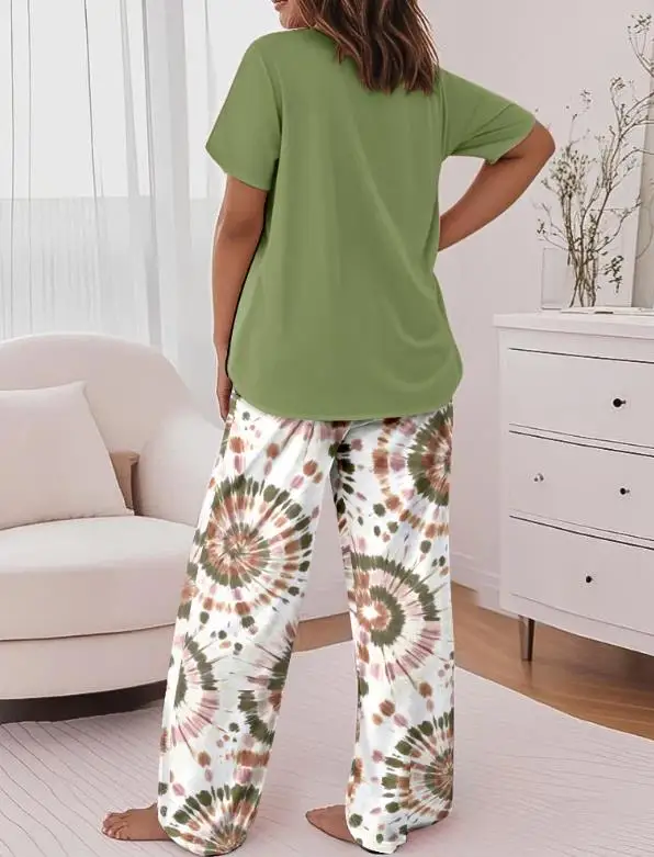 Two Piece Set Women Outfit 2026 New Faith Letter Print Short Sleeve Top & Tie Dye Print Elastic Waist Casual Pajamas Pants Set