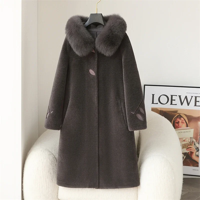 Women Winter Long Wool Fur Coat Jacket Female Fox Fur Collar Coats Lady Over Size Parka Trench CT251