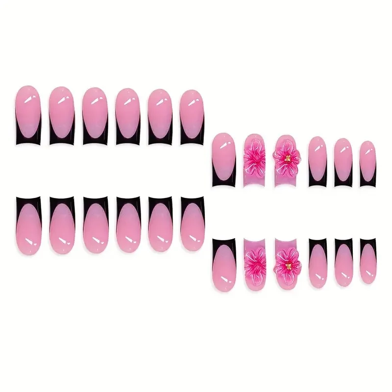 24 قطعة زهر بارد الحلو الأظافر وهمية حافة سوداء النمط الفرنسي ثلاثية الأبعاد زهرة تصاميم اضغط على الأظافر قصيرة مربع الأوروبي يمكن ارتداؤها مسمار