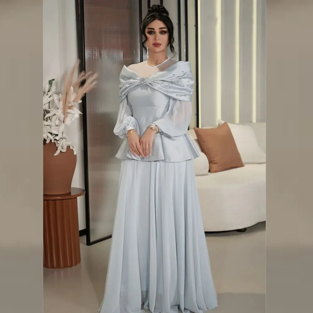 Customized High Quality Evening Satin Beading Draped Bow Pleat Engagement A-line O-Neck Occasion Party Gown Long Dress for Women