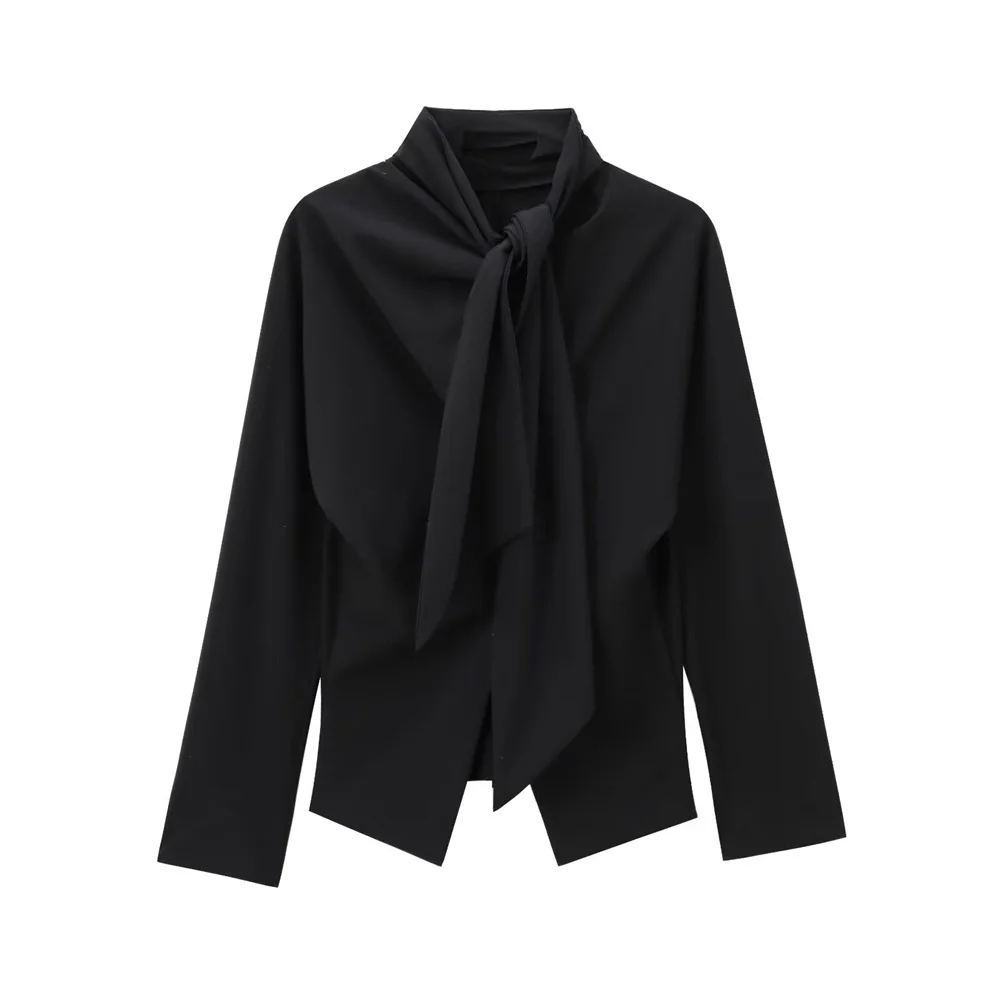 Taop&Za autumn new women\'s clothing style simple asymmetrical collar bow decoration hanging shoulder long sleeved lapel shirt