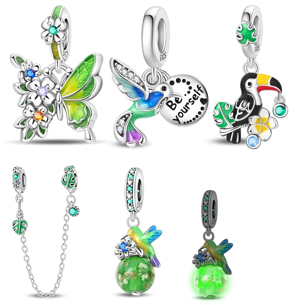 

Colorful 925 Sterling Silver Hummingbird&Butterfly&Luminous Elf&Parrot Dangle Charm Brilliant Rainforest Style Jewelry