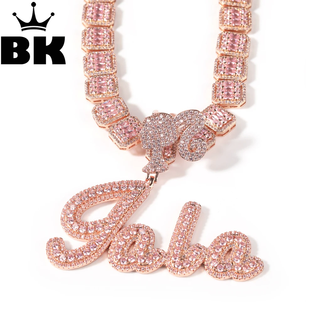 

THE BLING KING Custom Icy Girl Pendant Name Necklace Cute Bail Baguette Cubic Zirconia Chain Cursive Letter Multi Color Cute