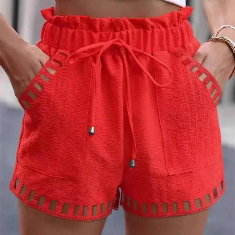 Cotton Linen Women's Solid Color Shorts Thin Hollow Out Design Trim Pocket Tight Waist Shorts Beachwear Casual Female Clothes