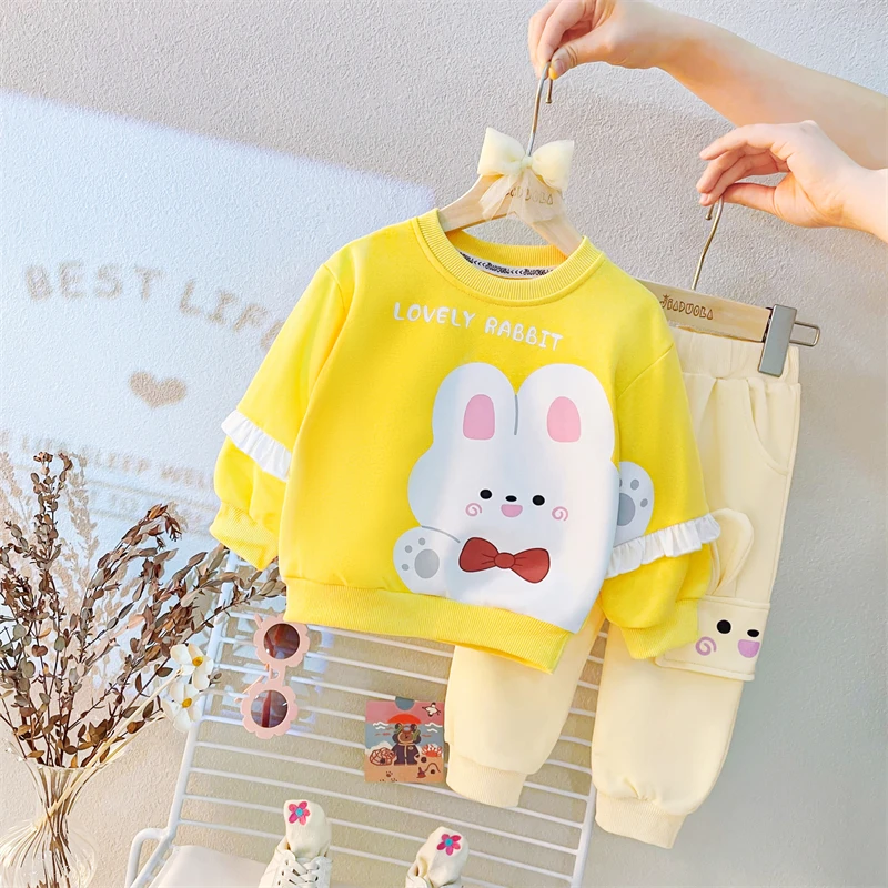 2022 Autumn Kids Clothing Sets for Baby Girls Clothes Outfits Infant Lace T Shirt Pants Cute Cartoon Rabbit Children Sportswear