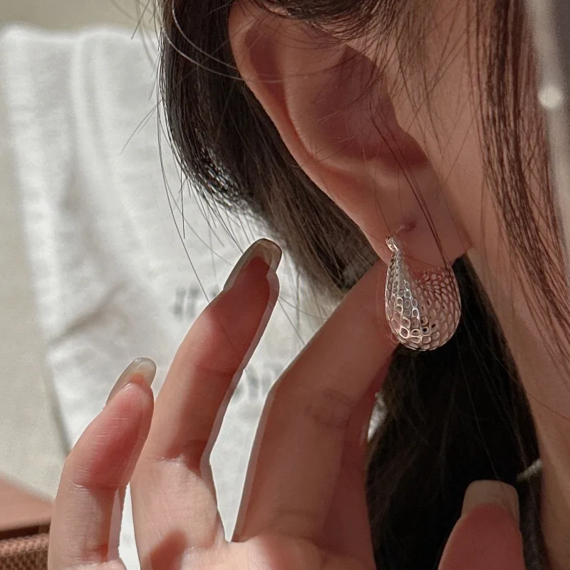 Kolczyki ze srebra próby 925 w stylu vintage dla kobiet, modne, proste, duże kolczyki w kształcie sieci, biżuteria antyalergiczna, akcesoria na imprezę.