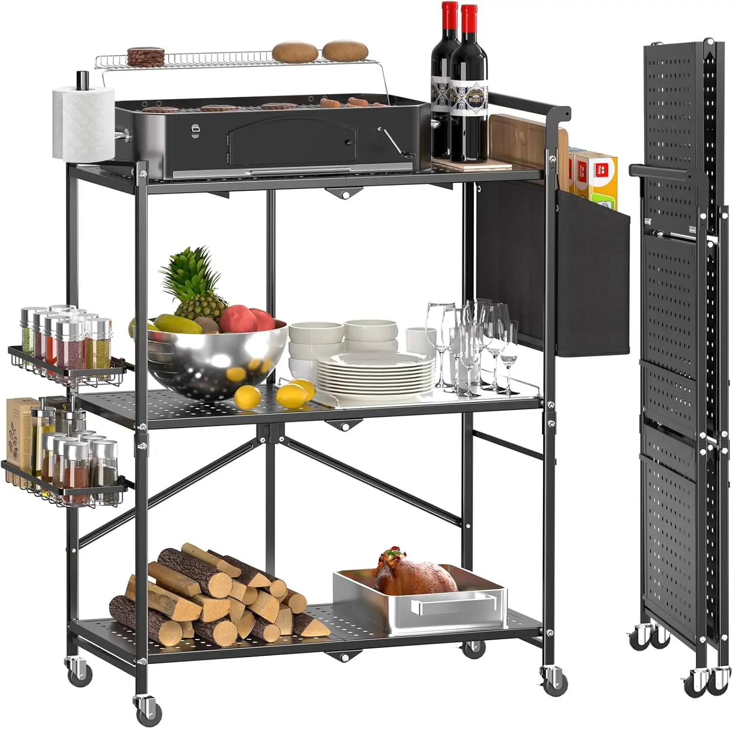 Foldable Outdoor Grill Cart With 3-Tier,Grill Cart,Grill Table For Outside With 2 Total Lock Casters，Pizza Oven Stand