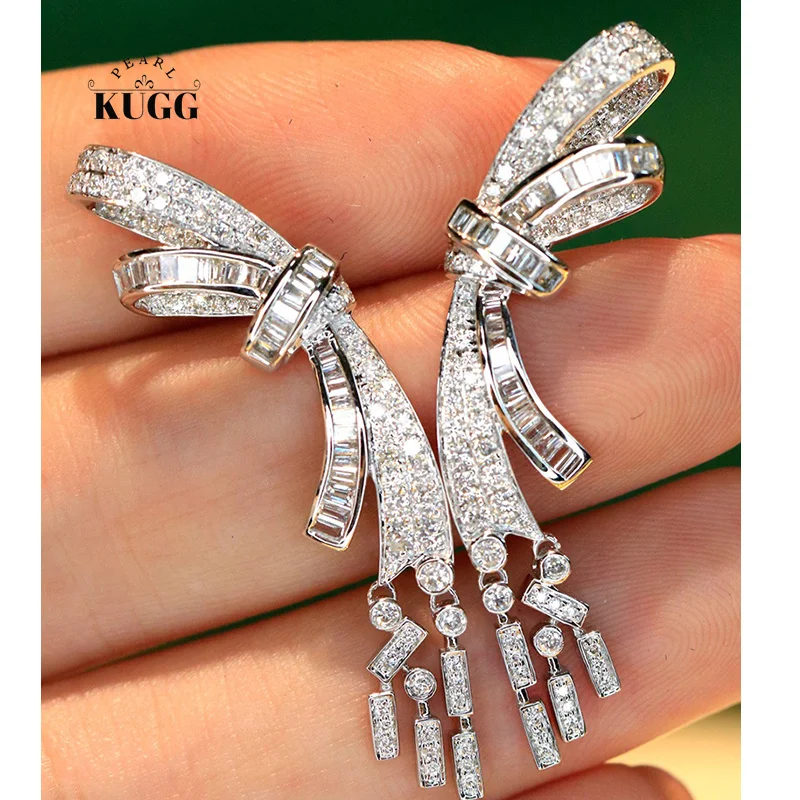 

KUGG 100% 18K White Gold Earrings Women Luxury Bowknot Shape 1.26carat Real Natural Diamond Drop Earrings High Party Jewelry