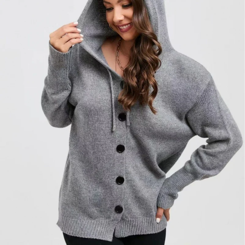 High Quality Solid Color Hooded Single-Breasted Cardigan-Border Sweater Women's Autumn and Winter New Drawstring Coat Swea