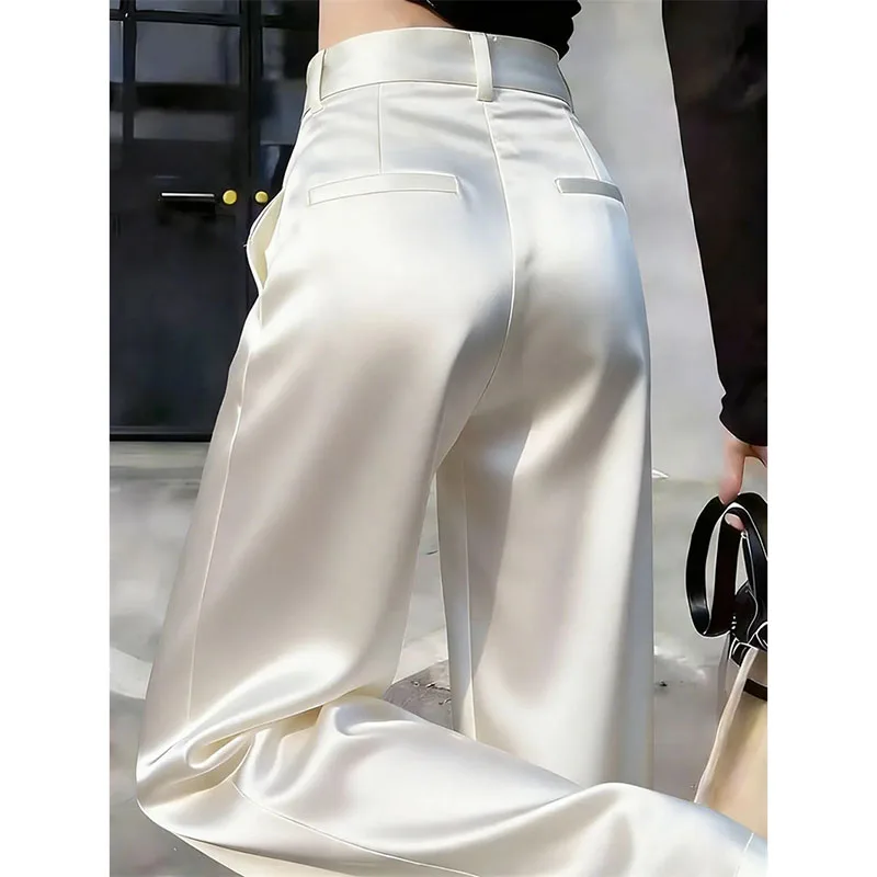 Women Solid Color Acetate Satin Wide Leg Pantalons Korean Lady Fashion Casual Trousers Summer Femme High Waist Straight Leg Pant