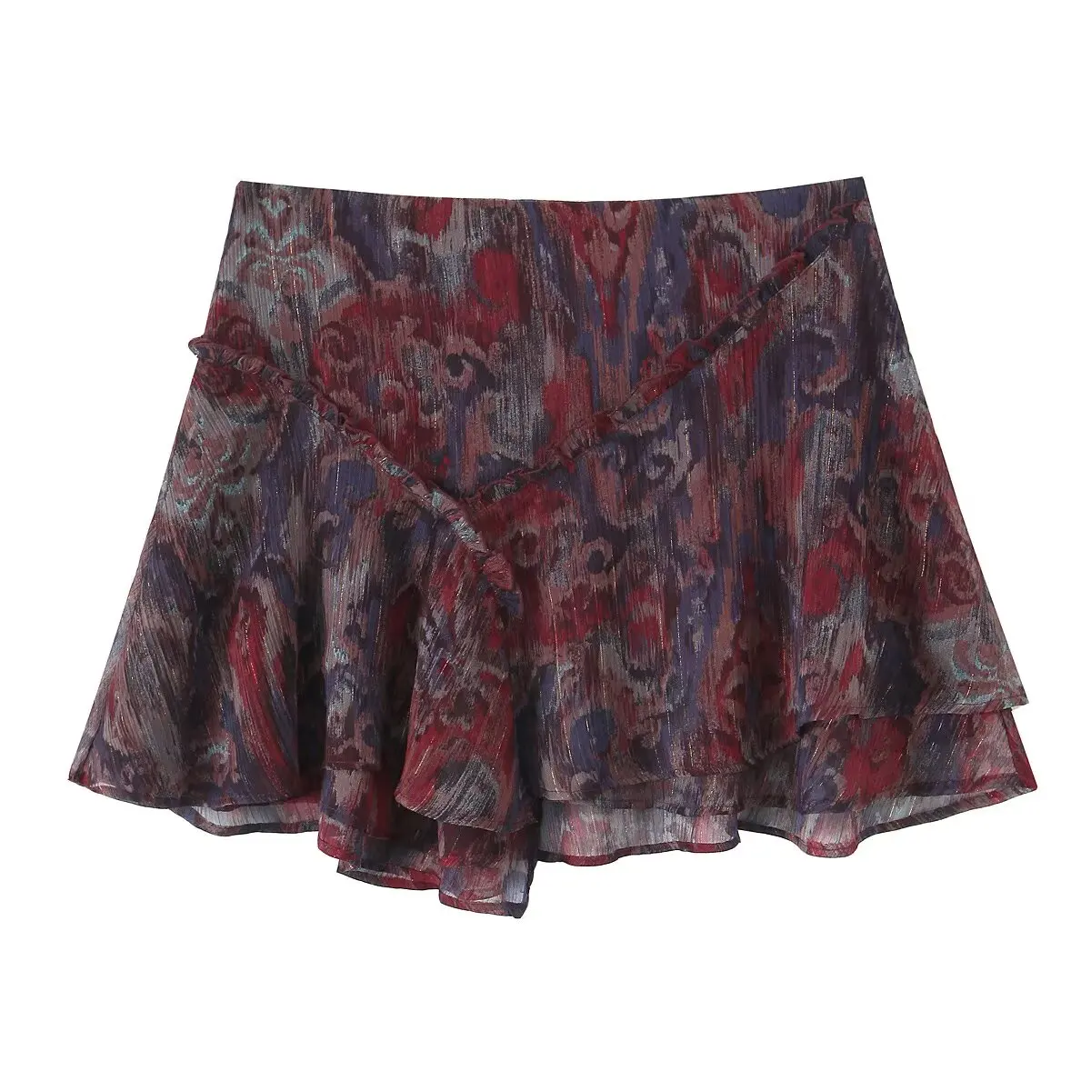 2025 Latest Design Women's Mini Skirt Featuring Ruffled Asymmetrical Hem and Unique Print for Daily Wear