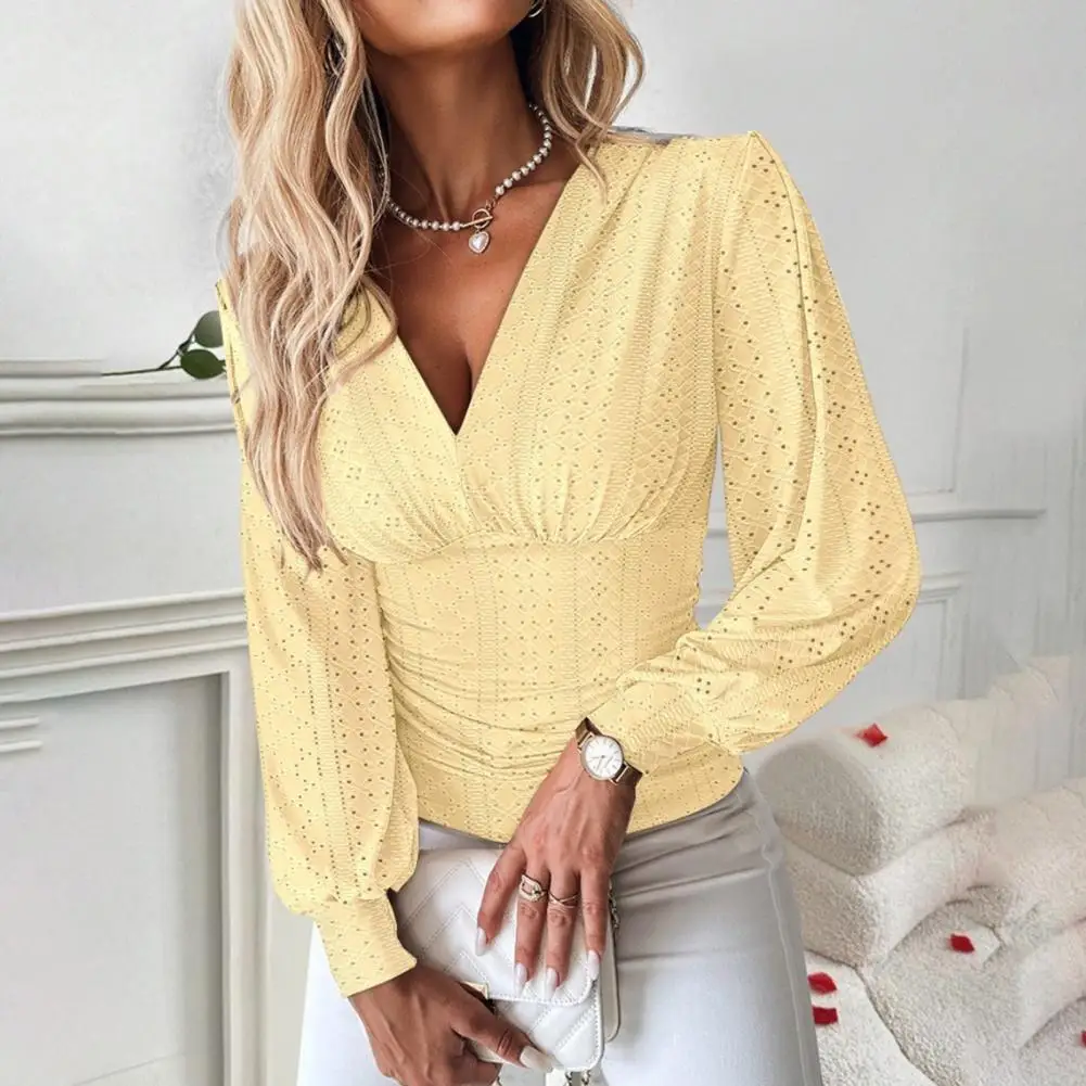 Women Shirt V-Neck Long Sleeve Hollow Design T-Shirt Waist Tight Casual Summer Tops Solid Color Blouse Versatile Women Shirt