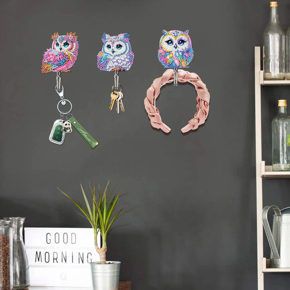 

6Pcs Acrylic Owl Diamond Painting Hanging Hooks Rhinestone Painting Coat Hook Diamond Painting Key Hooks for Home Office Decor