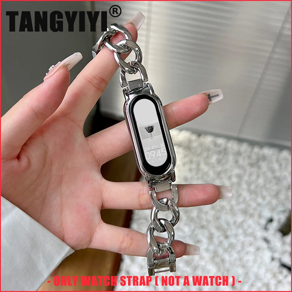 

Металлический ремешок для Xiaomi Mi Band 10 9 8 7 6 5 4 3: модный, роскошный, джинсовый, цепной, из нержавеющей стали, сменный браслет для часов