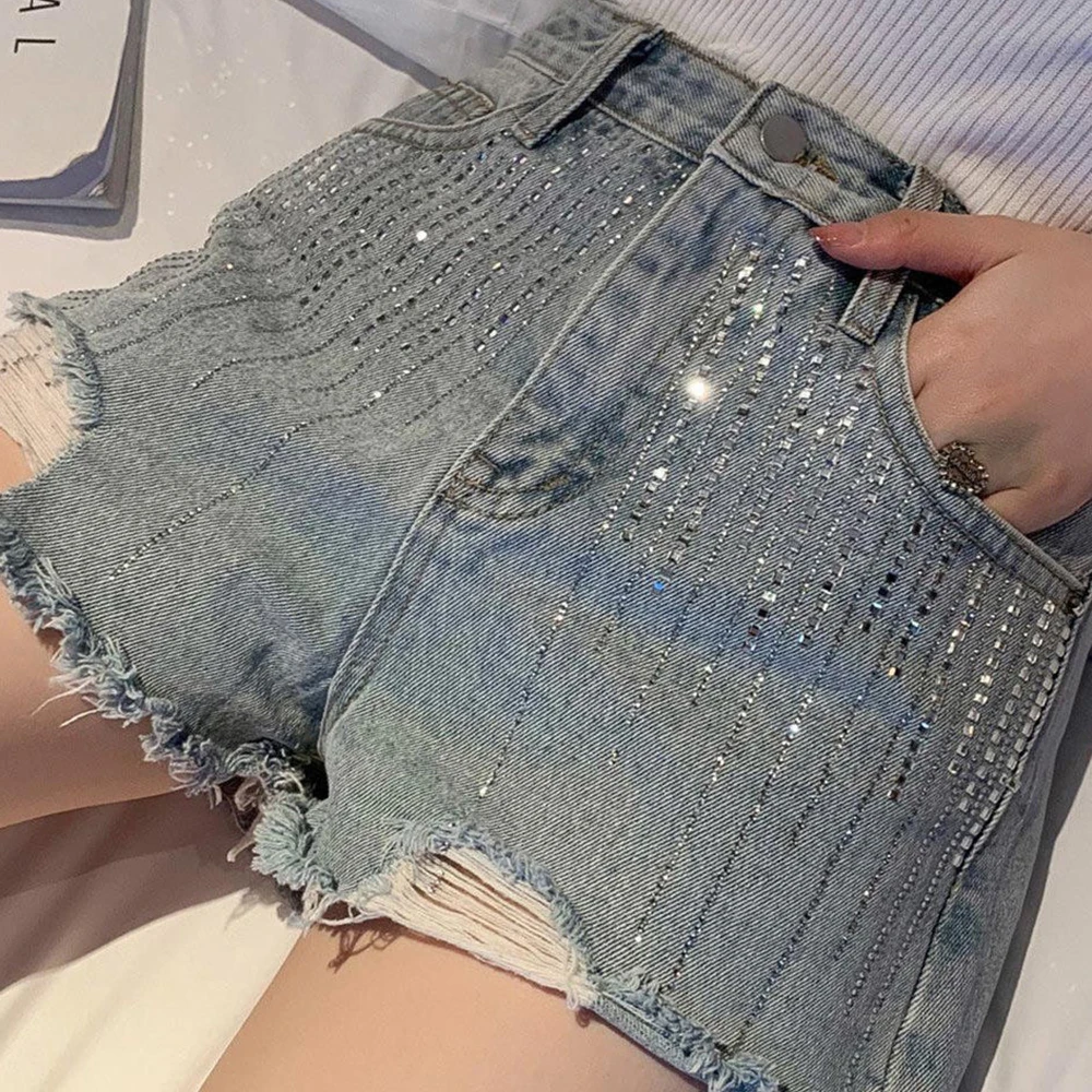 Summer Women Diamonds Hot Pants Trendy High Waist Frayed Hem Denim Shorts A-line Distressed Washed Blue Shorts Streetwear