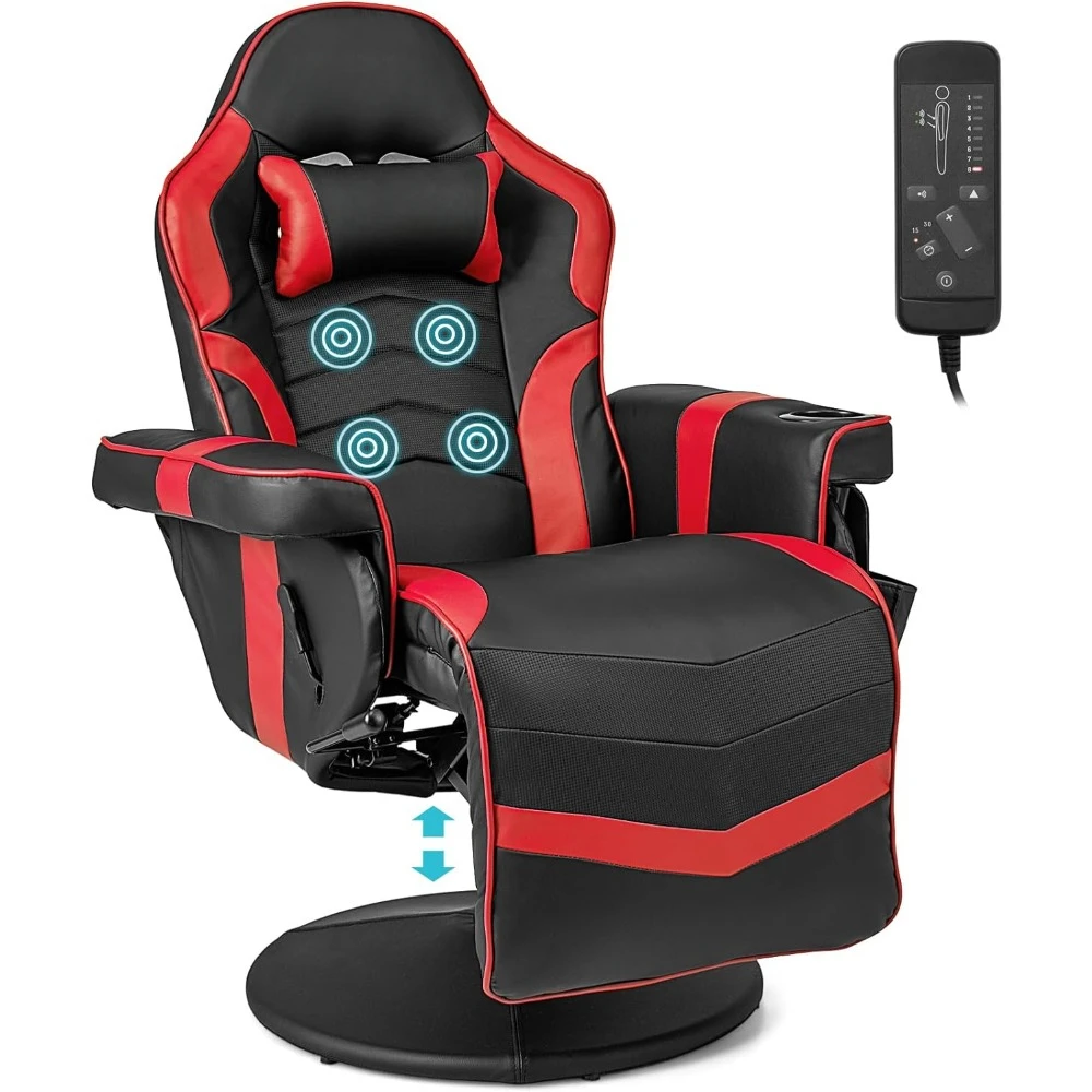 Goplus Gaming Chair, Height Adjustable Massage Video Game Chair with Retractable Footrest, Cup Holder, Headrest