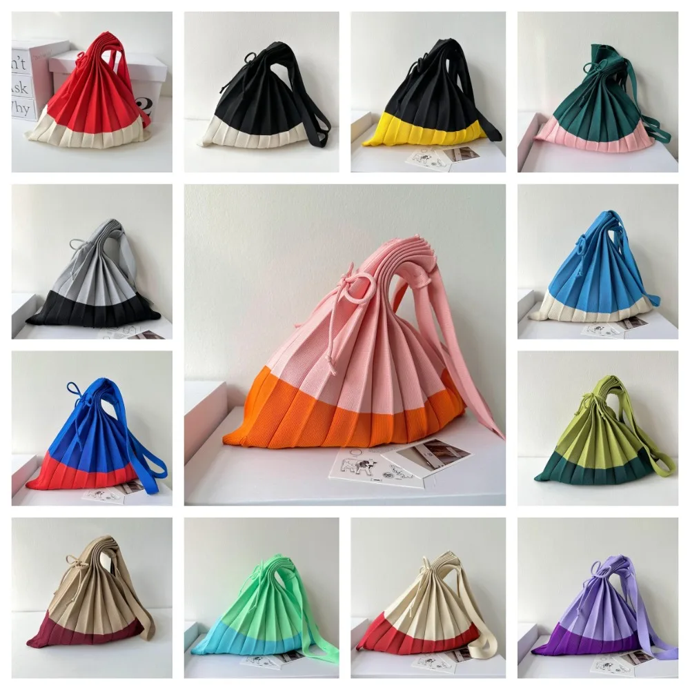 Handbag Knit Folding Shopping Bag Large Capacity Eco-Friendly Foldable Eco Bag Shoulder Pouch Contrast Color Pleated Bag Outdoor