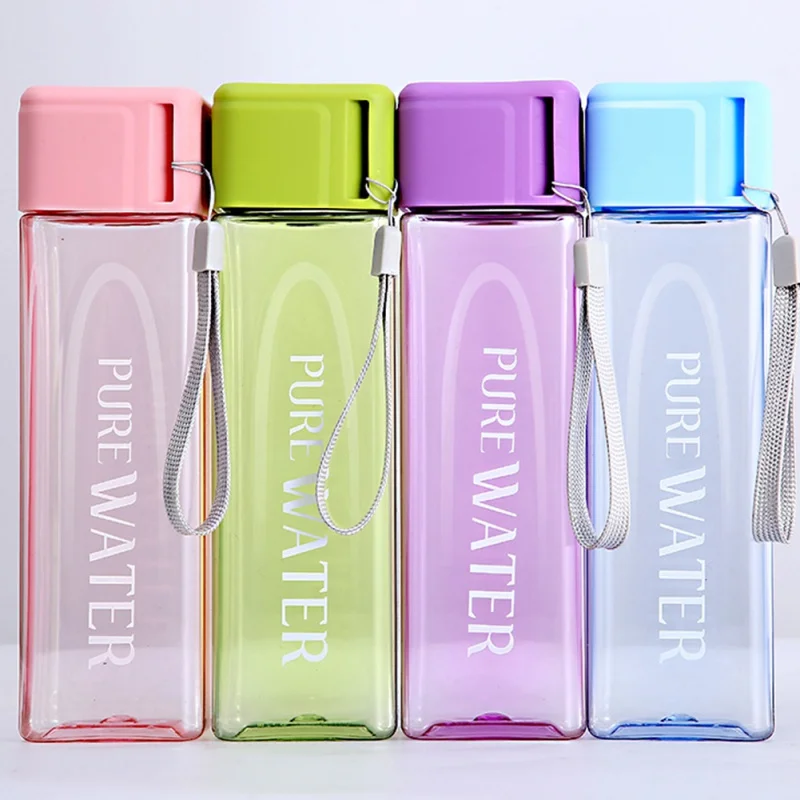 480ml Transparent Square Plastic Water Bottle Outdoor Cold Juice Sports Water Cup With Portable Rope Students Milk Water Cup