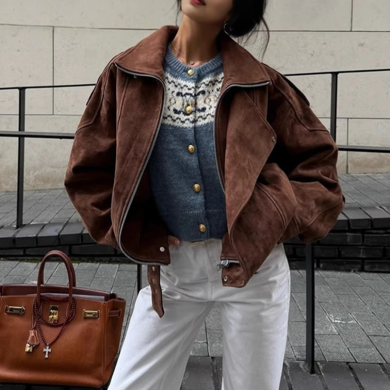 

European and American Brown Lapel Irregular Short Loose Jacket Retro Fashion Casual Top