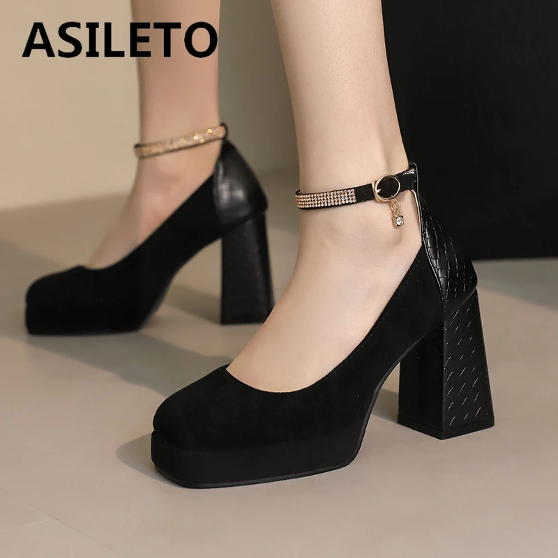 ASILETO Women Pumps Square Toe Chunky Heels 9.5cm Platform 2.5cm Ankle Buckle Strap Big Size 48 49 50 Fashion Dating